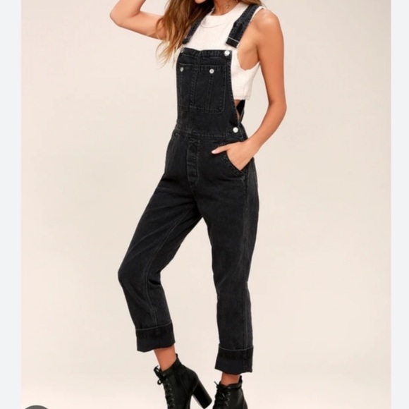We The Free Pants - Free People We the Free Boyfriend Washed Black High-Waisted Overalls Size 27